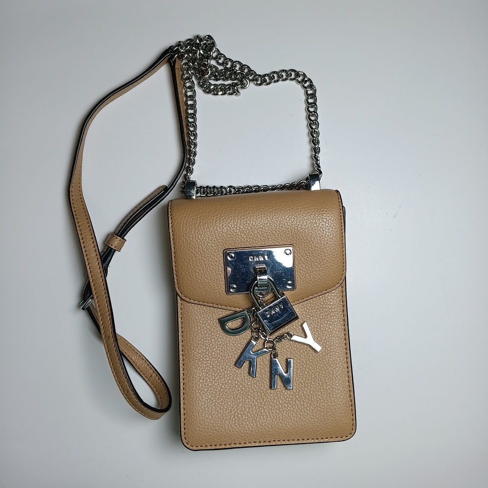 DKNY Tan Pebbled Crossbody with Silver Chain and Charm Accents